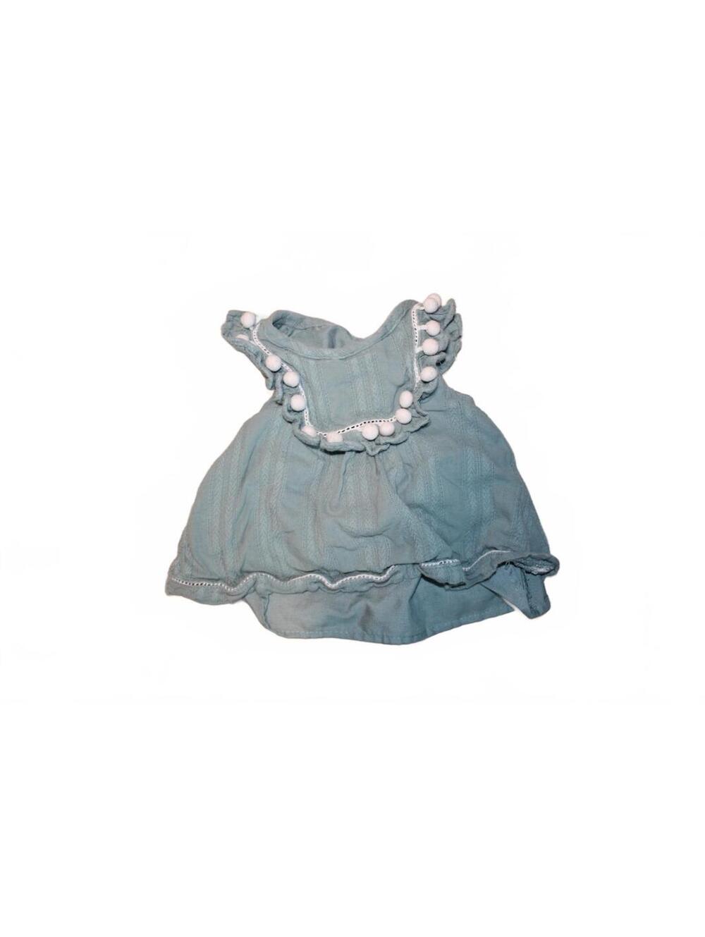 Shabby Chic Baby Girl Blue Dress with Pom Pom Trim Size 12-18 Months